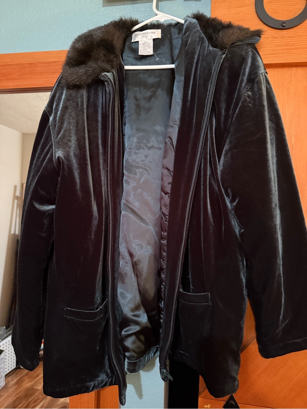 Jones of New York Velvet Hooded Coat with Faux Fur Trim - Black